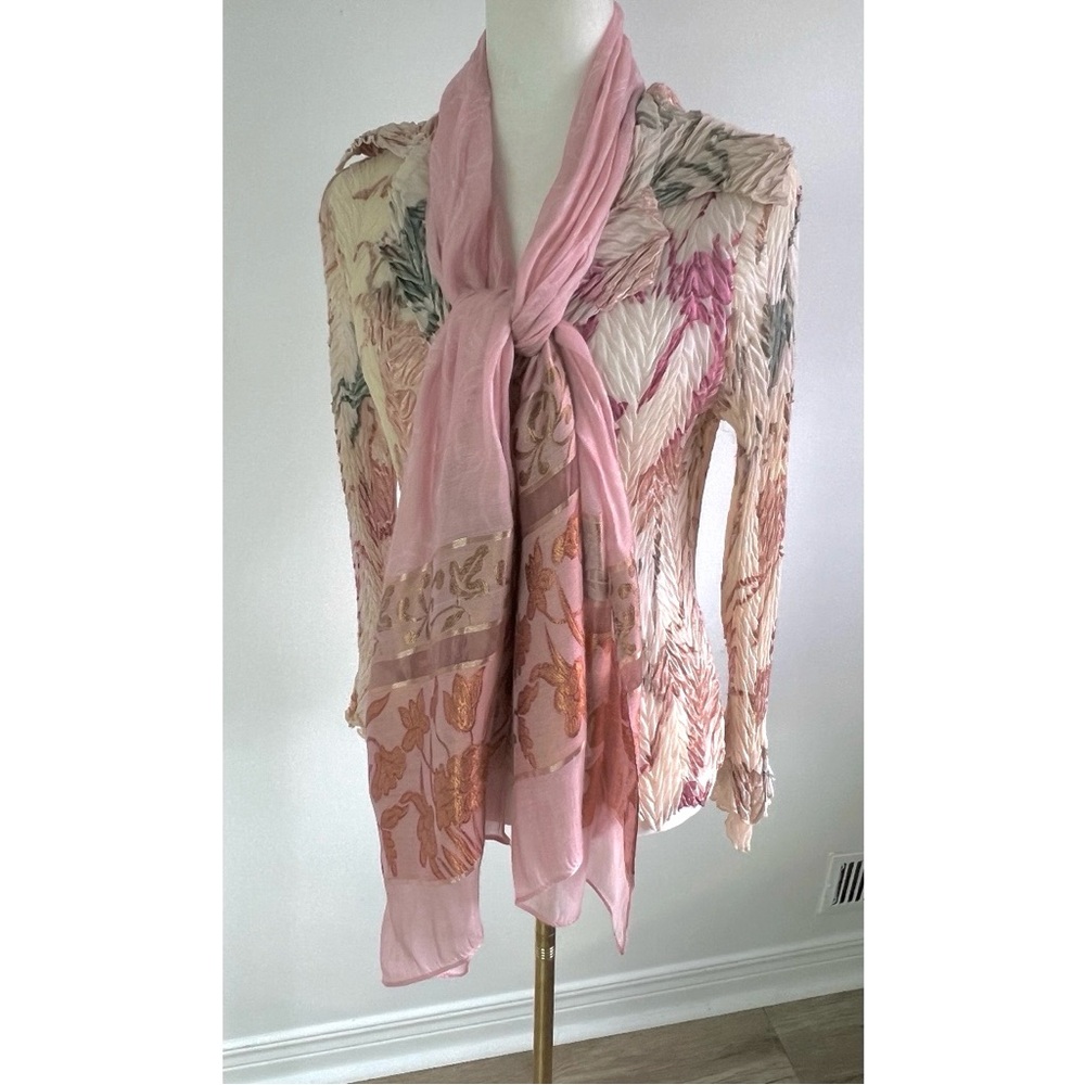 🆕 Fine woven scarf: long, soft in pink, copper & gold w/arabesques & flowers - Picture 10 of 16